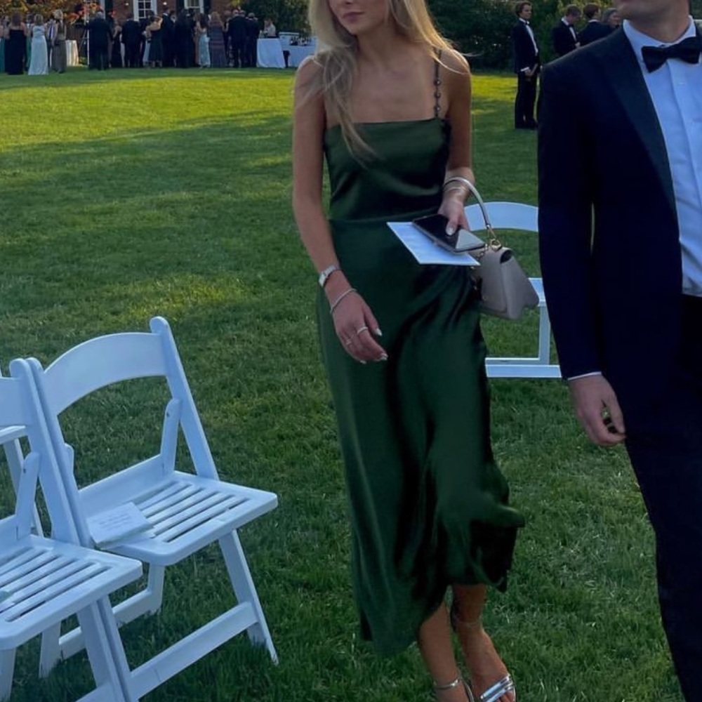 Zara Long Emerald Green Satin Effect Dress with Jewel Straps